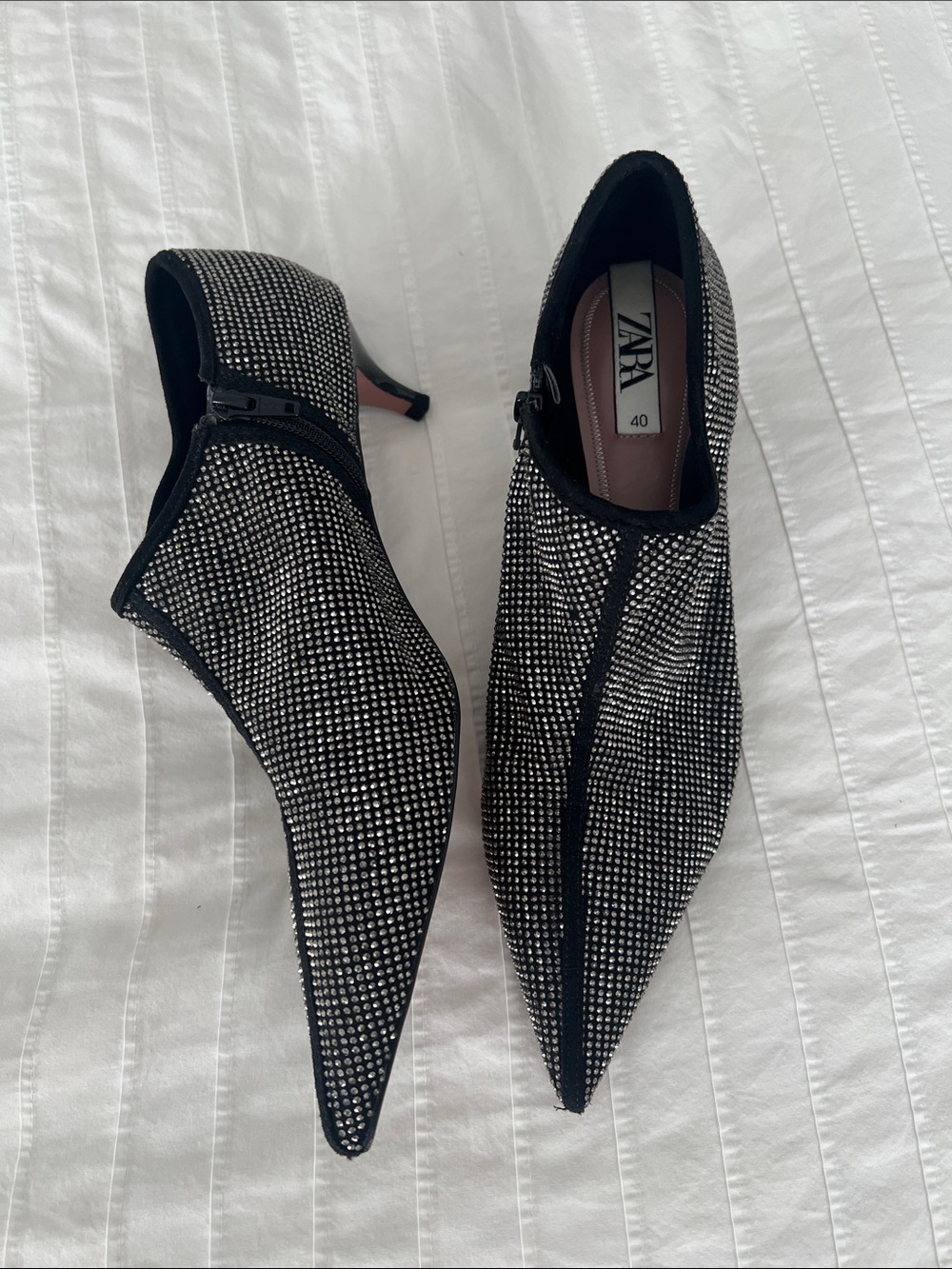 ZARA Black Crystal-Studded Pointed Heel Booties
